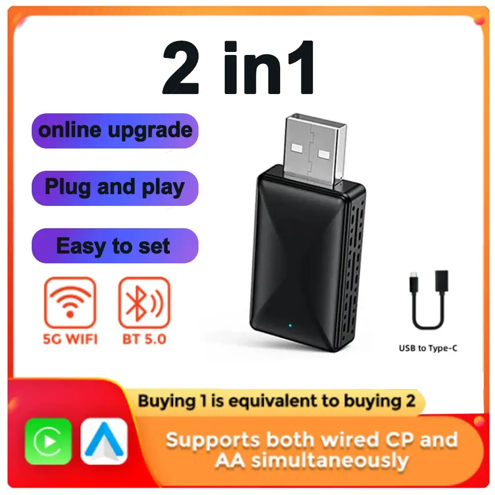 2026 Wireless CarPlay Adapter 2-in-1 Wired to Wireless Dongle for Carplay Android Auto Plug and Play Universal Car Accessory
