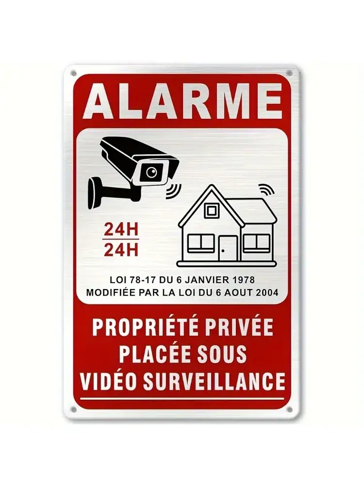French 24HVideo Surveillance Alarm Metal Sign Private Property Security Camera Warning Plaque Aluminum Tin Sign for Home Outdoor