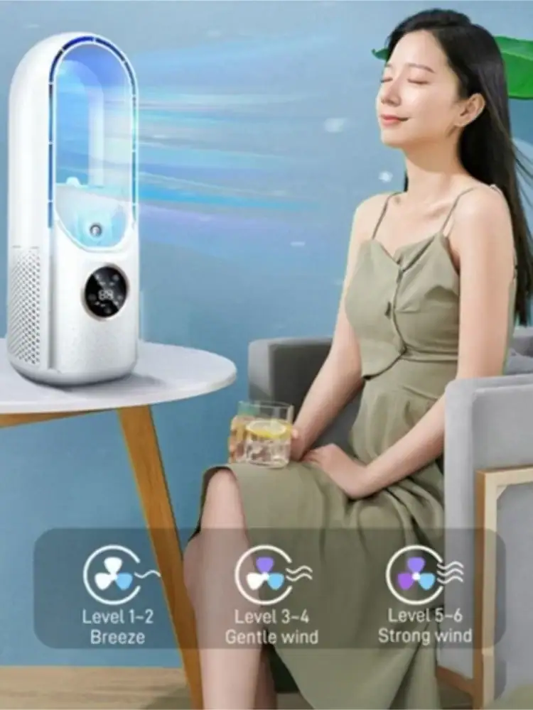USB Air Cooler Leafless Electric Fan 6 Speed Silent Timer Air Conditioner Cooling Fan Humidifier Conditioning Fan