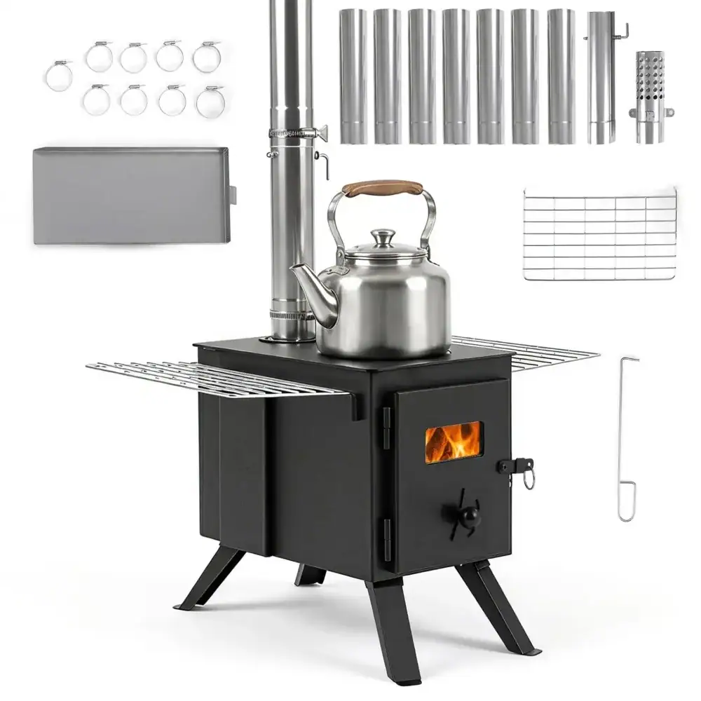257cm Wood Burning Stove with 8 Chimney Pipes and Spark Arrestor, , Stainless Steel Camping Tent Stove, Foldable Legs, Sliding Ash Tray, High Borosilicate Glass Window, for Outdoor Camping Winter