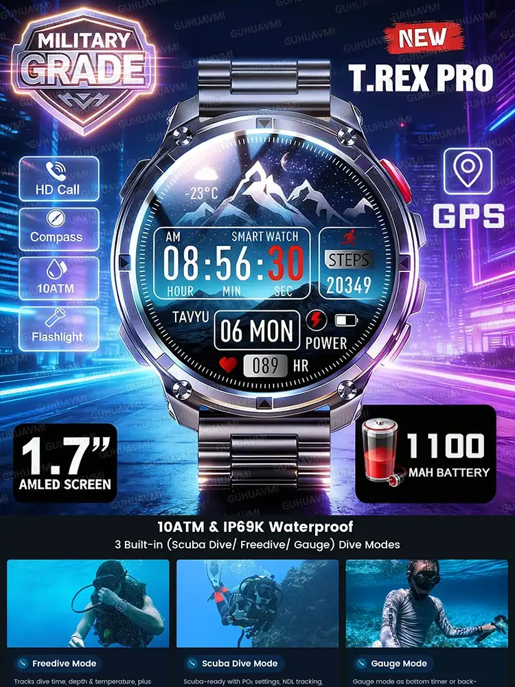 2026 T-Rex3 Pro GPS Tracker Smartwatch Men 120-Day Standby 1100mAh Clock Rugged Outdoor Sport 10ATM Waterproof Call Watches
