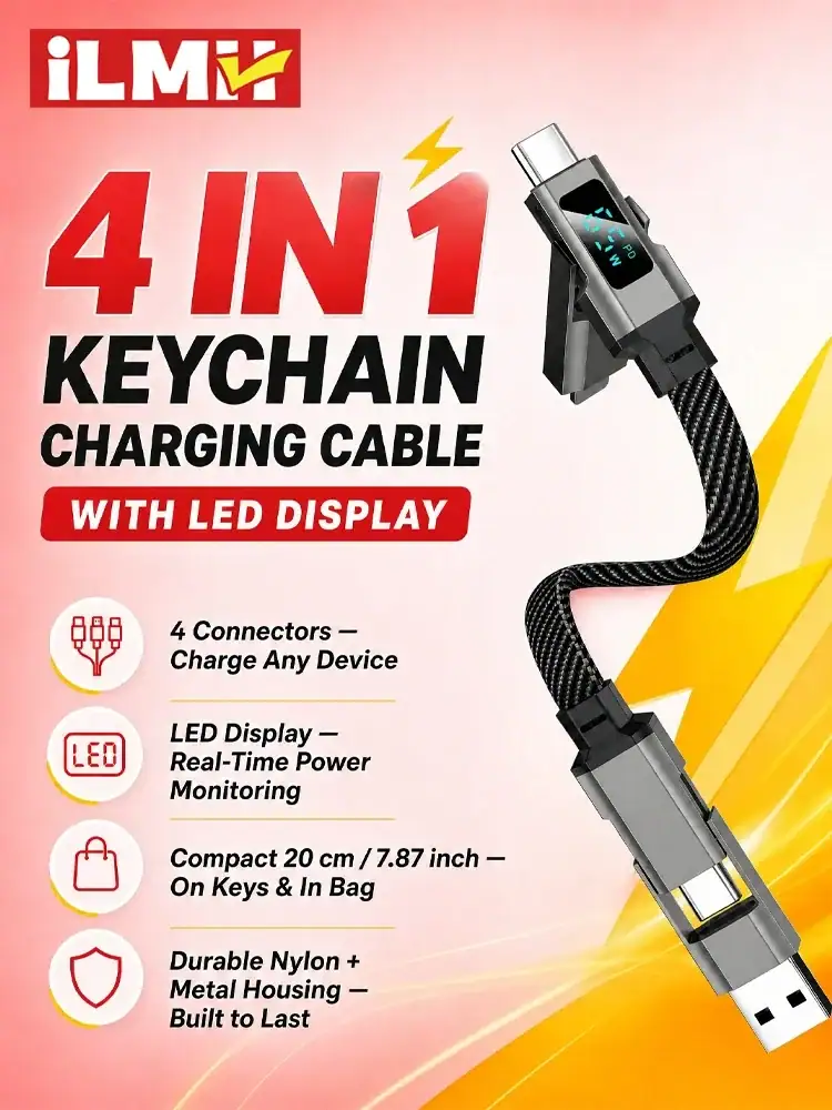 iLMH Keychain Charging Cable, 4 In 1 USB C Multi Charging Cable with Digital Display, Fast Charger Cable for Devices
