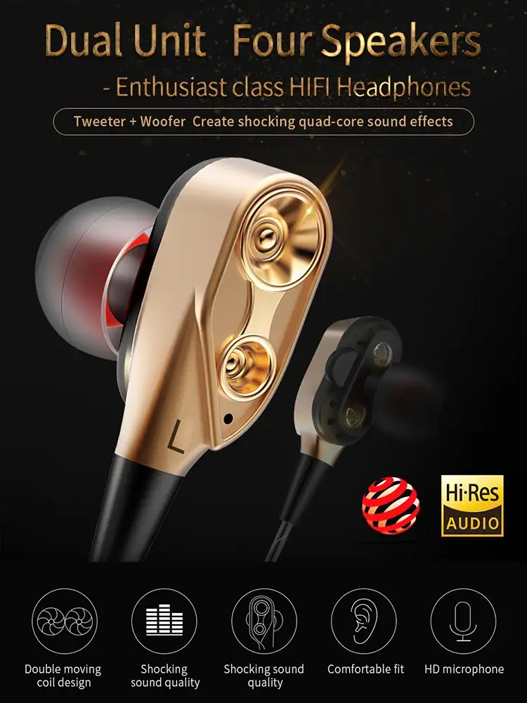 Hifi Double Moving Coil Headphones 3.5mm AUX With Mic Dynamic In-Ear Music Gaming Sport Earbuds Bass Surround Shocking Sound