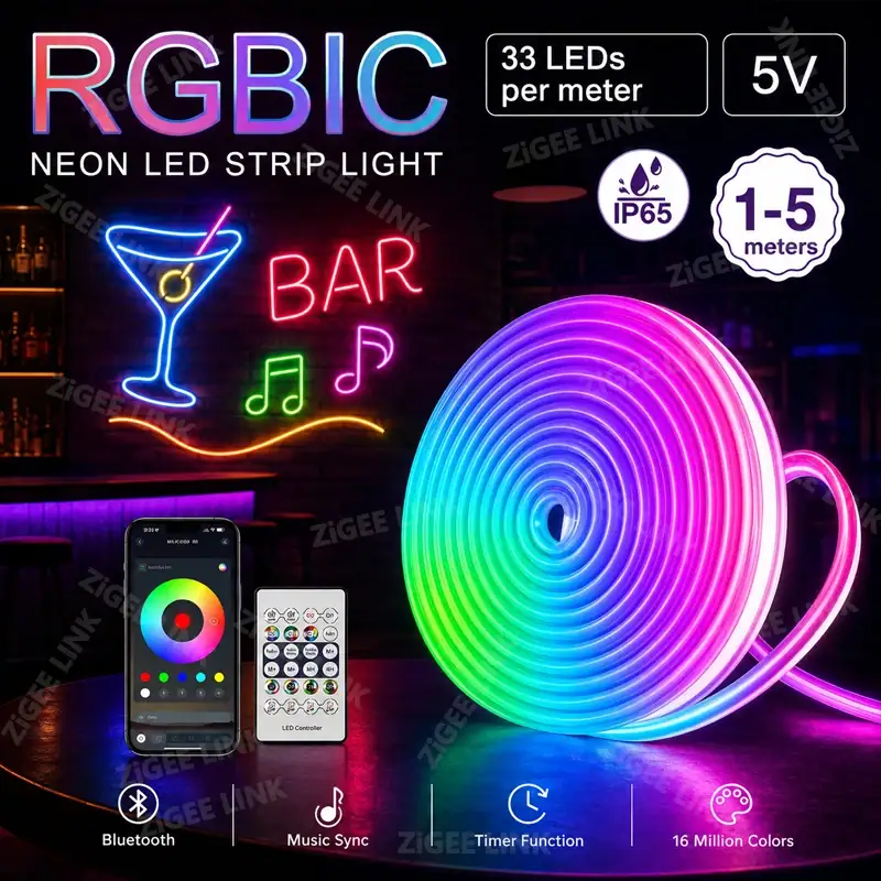 5V USB RGBIC Neon LED Strip Lights with Bluetooth APP Control Music Sync Waterproof Flexible Tape for Gaming Room Party Decor