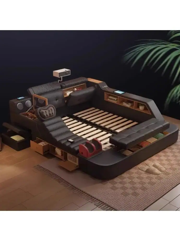 *s. Deluxe With Storage Box Speaker Massage Equipped With Projector Leather Queen Size Bed Frame Bedroom Furniture Beds Double B