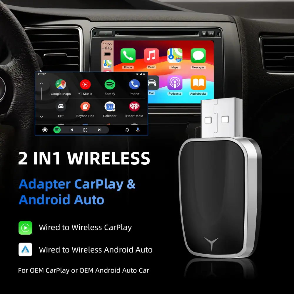 EzoneTronics Wireless CarPlay android auto adapter for factory wired car, wireless CarPlay & Android auto 2 in 1