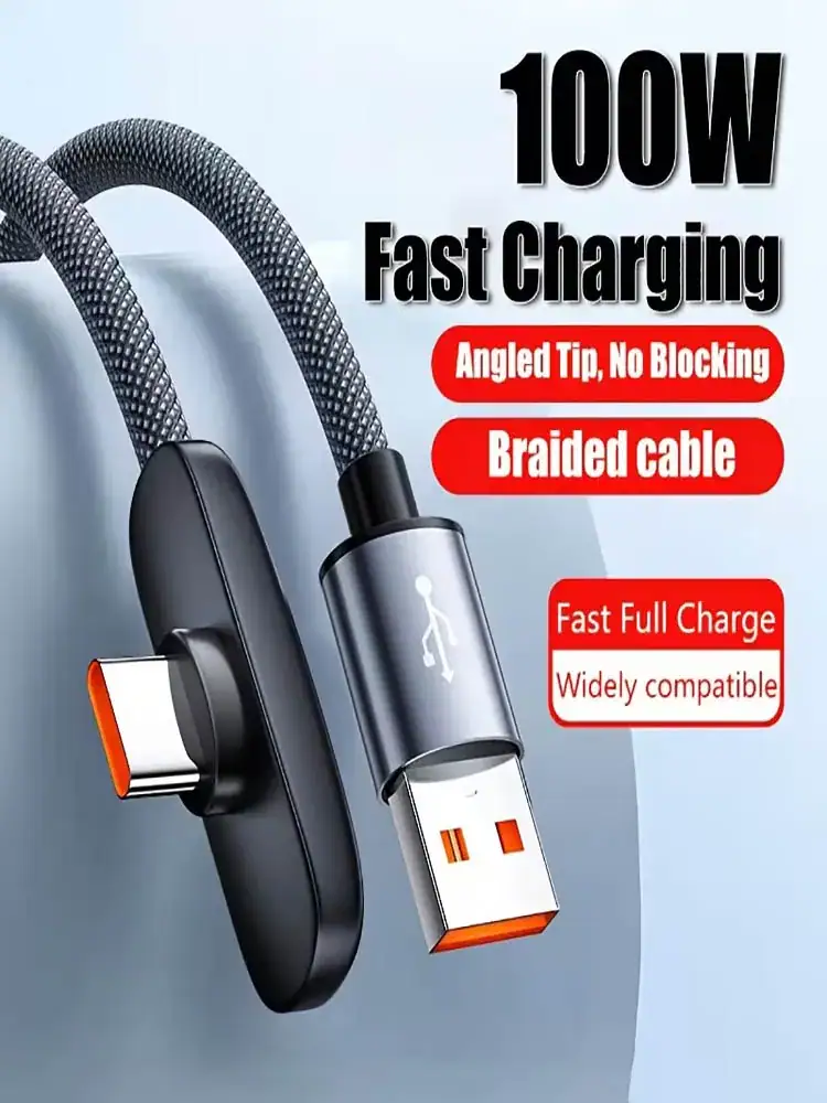 100W Fast Charging Cable Right Angle 90 Degree USB C Type C Data Cord Mobile Cell Phone Fast Charging Data Cable