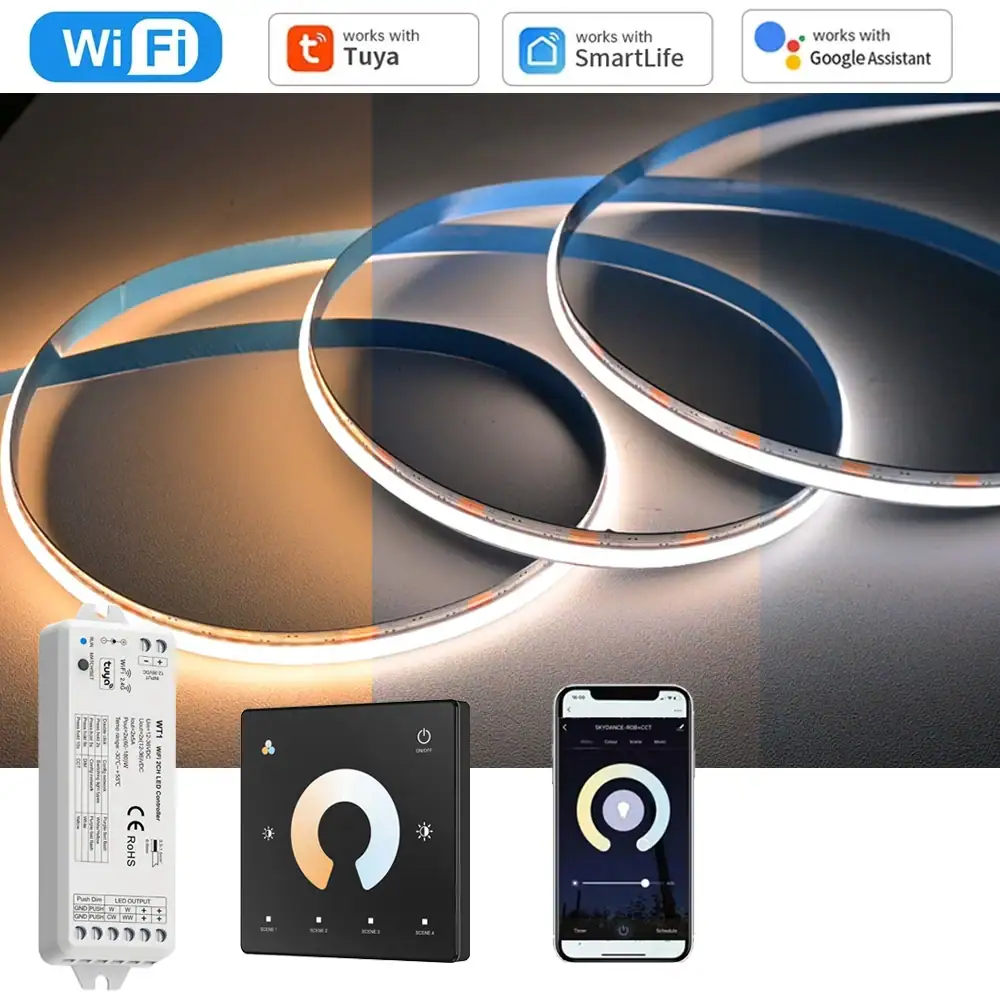 10M 20M Tuya WiFi COB CCT Led Strip 24V Dual Room Light 2700-6500K 2.4G RF Dimming Touch Remote f Alexa Google SmartThings