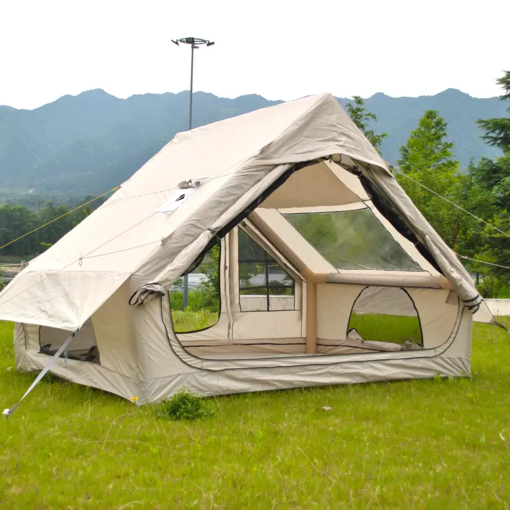 Inflatable Camping Tent,Blow up Air Cabin Large House 4-Season Luxury Oxford Hot Glamping Tent with Skylight & Stove Jack