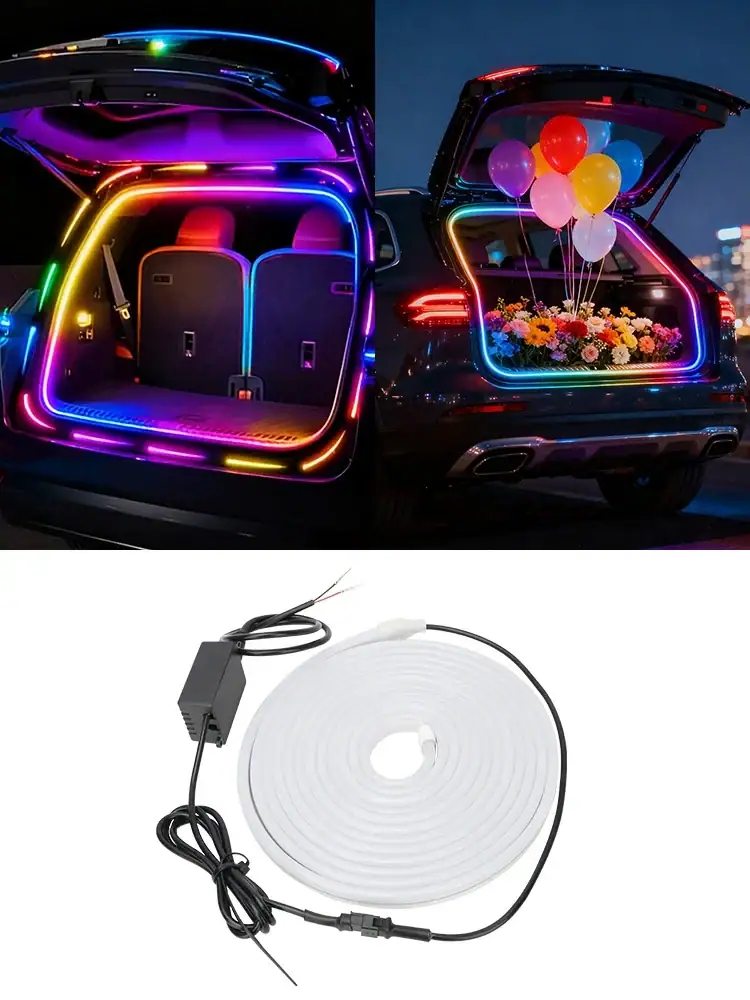 4M Car Trunk LED Strip Light RGB Rainbow Dynamic Chasing Light Universal Auto Trunk Decoration Exterior Interior LED Light 12V