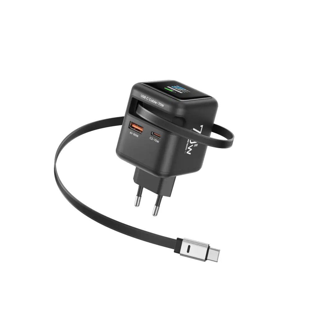 3 IN 1 GaN Charger with Retractable Cable 70W PD3.0 QC4.0 PPS 2 Type-C Travel Fast Charger 17 16 Pro Macbook Laptop