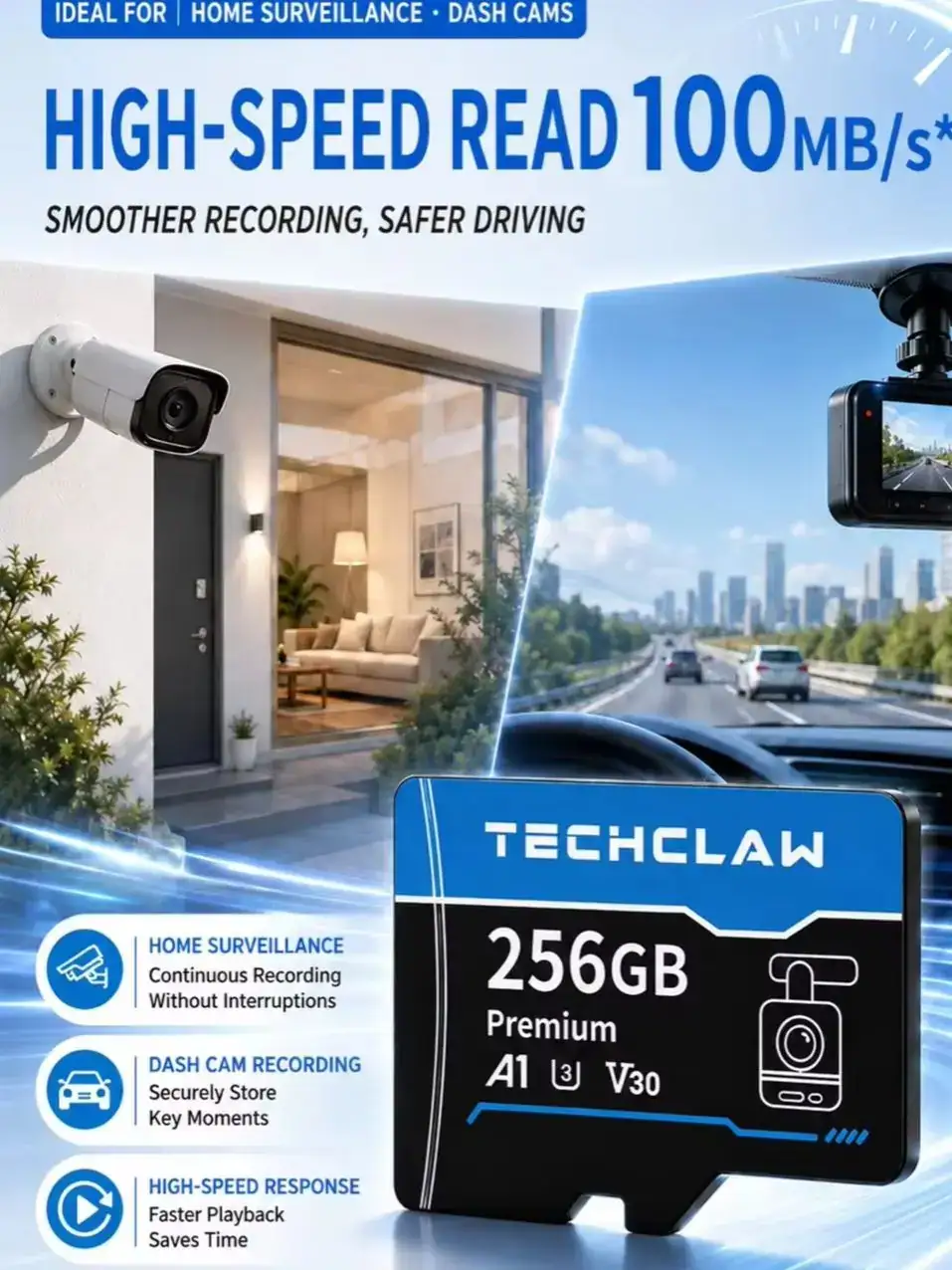 TECHCLAW 4K Micro SD Card for Dash Cam Security Camera Outdoor DJI Camera U3 A1 V30 High Speed TF Memory Card 32GB/64GB/128GB