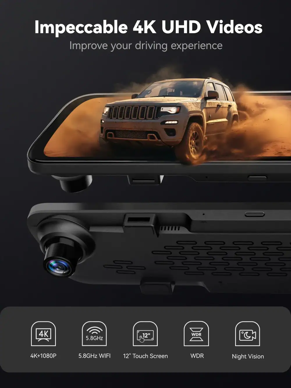 WOLFBOX G840S 12"IPS Dash Camera 4K Rearview Dash Cam GPS Video Recorder Night Vision HD Dual Cameras Car Dvr Parking Monitor