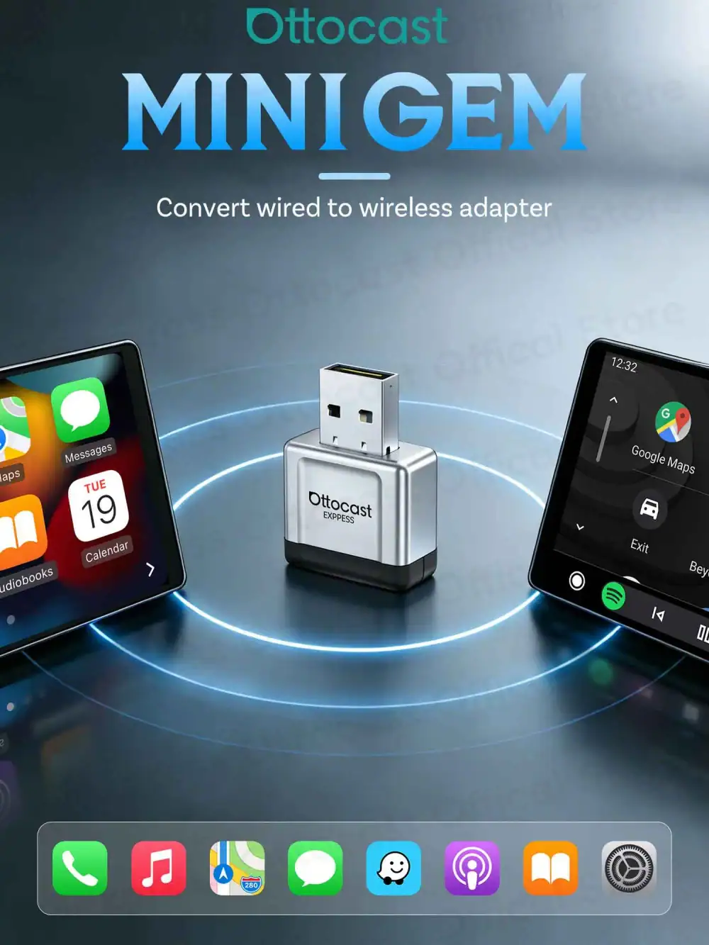 OTTOCAST Express Gem Adapter 3.0 Wireless CarPlay Android Auto Dongle WiFi Bluetooth Car Accessories for Ford Toyota VW Kia
