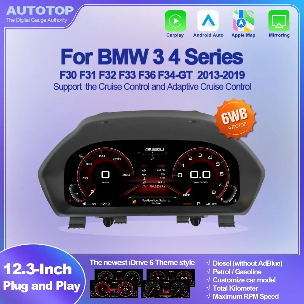 AUTOTOP 12.3 Inch 6WB Virtual Cockpit Digital Gauge Cluster for BMW 3 4 Series F30 F31 F32 F33 F34 F36 2011-2021,Android Instrument Dashboard Panel Speedometer,Wireless CarPlay Android Auto AirPlay