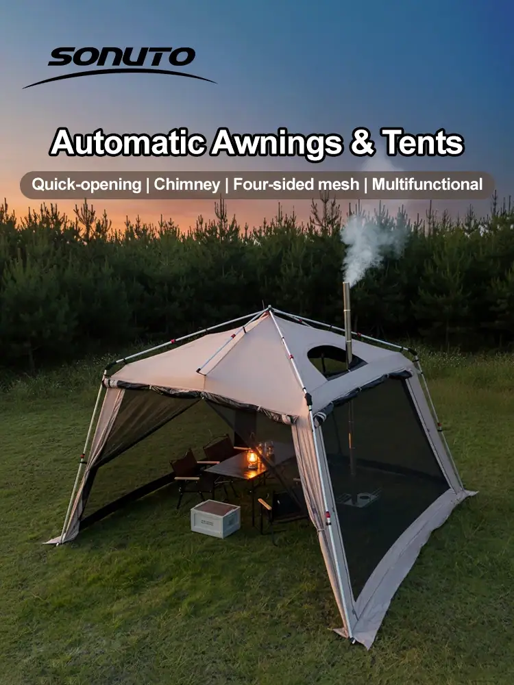 Outdoor Camping Tent with Chimney Large Family 5-9 Person Waterproof Sun Protection with Aluminum Poles Beach Hiking Fishing