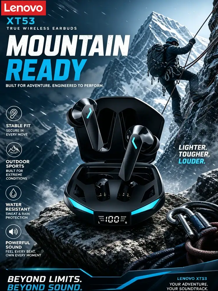 Lenovo XT53 Wireless Bluetooth 5.4 Earphones LED Digital Display Waterproof Earbuds Noise Cancelling Gaming Headset