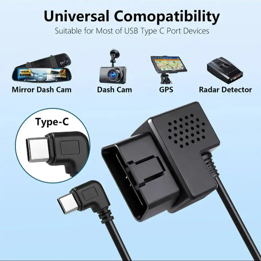 OBD Hardwire Kit Type C Port/Micro USB Port/ USB for Compatible with 98% of Car Dash Cam Cable Charger 24H Parking Monitor