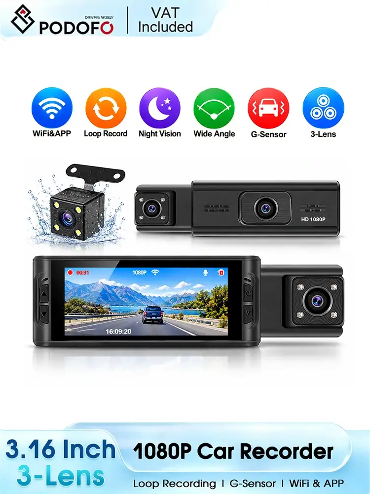 Podofo 3.16 Inch 1080P 3-Lens WIFI Dash Cam Car DVR Car Driving Recorder, Triple Channel On-board Car Camera, Night Vision, Loop Recording, G-sensor, 24H Parking Monitor, Reverse Parking Assist