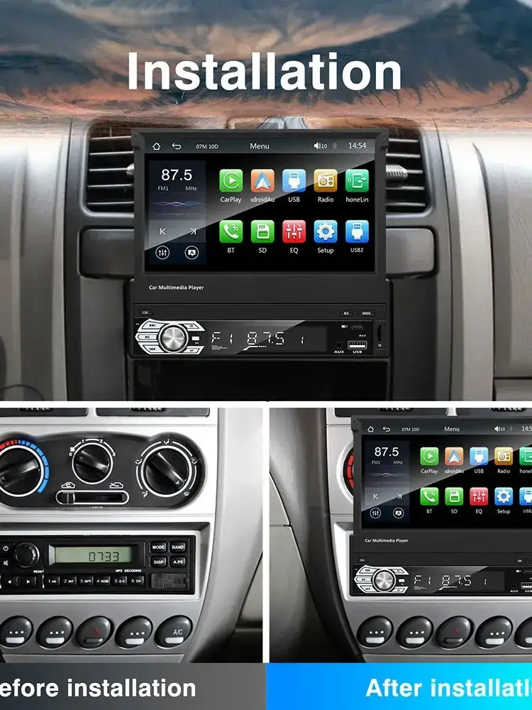 Carplay Android Auto Universal 1 Din MP5 Player 7 Inch Retractable Touch Screen Car Player HD FM AUX Input BT Radio Mirror Link